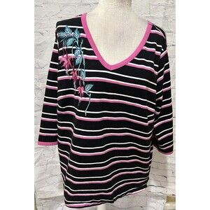 BOB MACKIE WOMEN'S PLUS SIZE 2X STRIPED TOP SHIRT FLORAL EMBROIDERY QVC